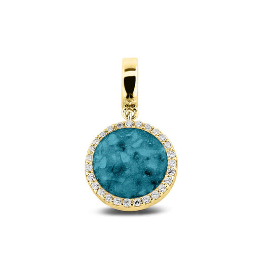 Asbedel, subtiel design rondom afgewerkt met zirkonia's die aan de voorzijde zichtbaar gevuld wordt met as of haar met een keuze in 20 kleuren. Turquoise