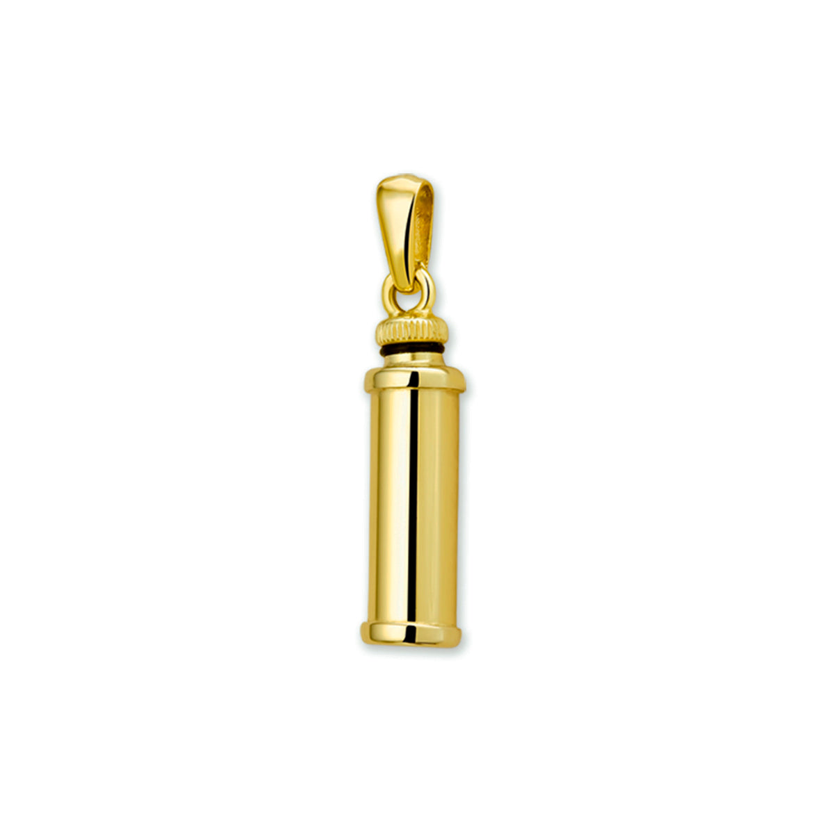 Vorm: Koker, Hoogte 26 mm, Breedte: 7 mm, Afwerking: Glans. 14 KT geelgouden ashanger. gedenksieraad