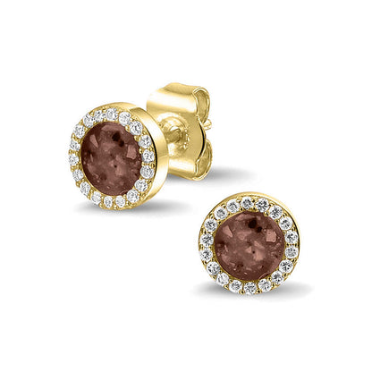 Oorstekers 8 mm rondom afgewerkt met zirkonia's zichtbaar gevuld met as of haar. Brown