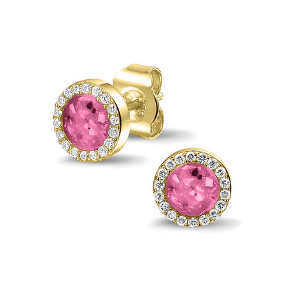 Oorstekers 8 mm rondom afgewerkt met zirkonia's zichtbaar gevuld met as of haar. Fluo