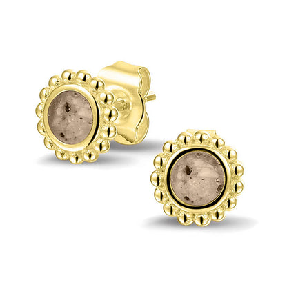 Twee stuks ronde oorstekers 8 mm zichtbaar gevuld met as of haar. Transparent