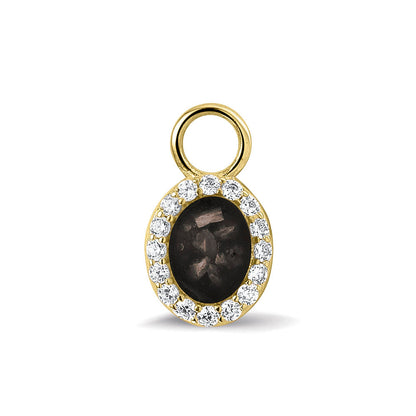 Ovaal gevormde oorhangers, 18 mm lang rondom afgewerkt met zirkonia's, aan de voorzijde zichtbaar gevuld met as of haar. black.
