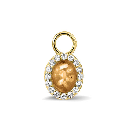 Ovaal gevormde oorhangers, 18 mm lang rondom afgewerkt met zirkonia's, aan de voorzijde zichtbaar gevuld met as of haar. gold.