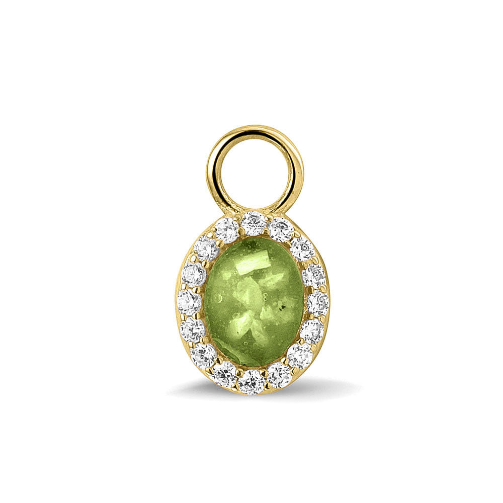 Ovaal gevormde oorhangers, 18 mm lang rondom afgewerkt met zirkonia's, aan de voorzijde zichtbaar gevuld met as of haar. Green