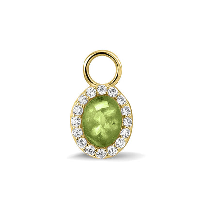 Ovaal gevormde oorhangers, 18 mm lang rondom afgewerkt met zirkonia's, aan de voorzijde zichtbaar gevuld met as of haar. Green