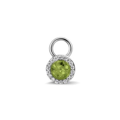 Oorhangers 8 mm diameter, rondom afgewerkt met zirkonia's, aan de voorzijde zichtbaar gevuld met as of haar. Green