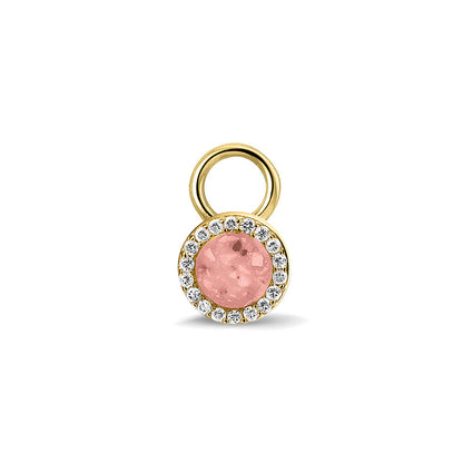 Oorhangers 8 mm diameter, rondom afgewerkt met zirkonia's, aan de voorzijde zichtbaar gevuld met as of haar. Blush