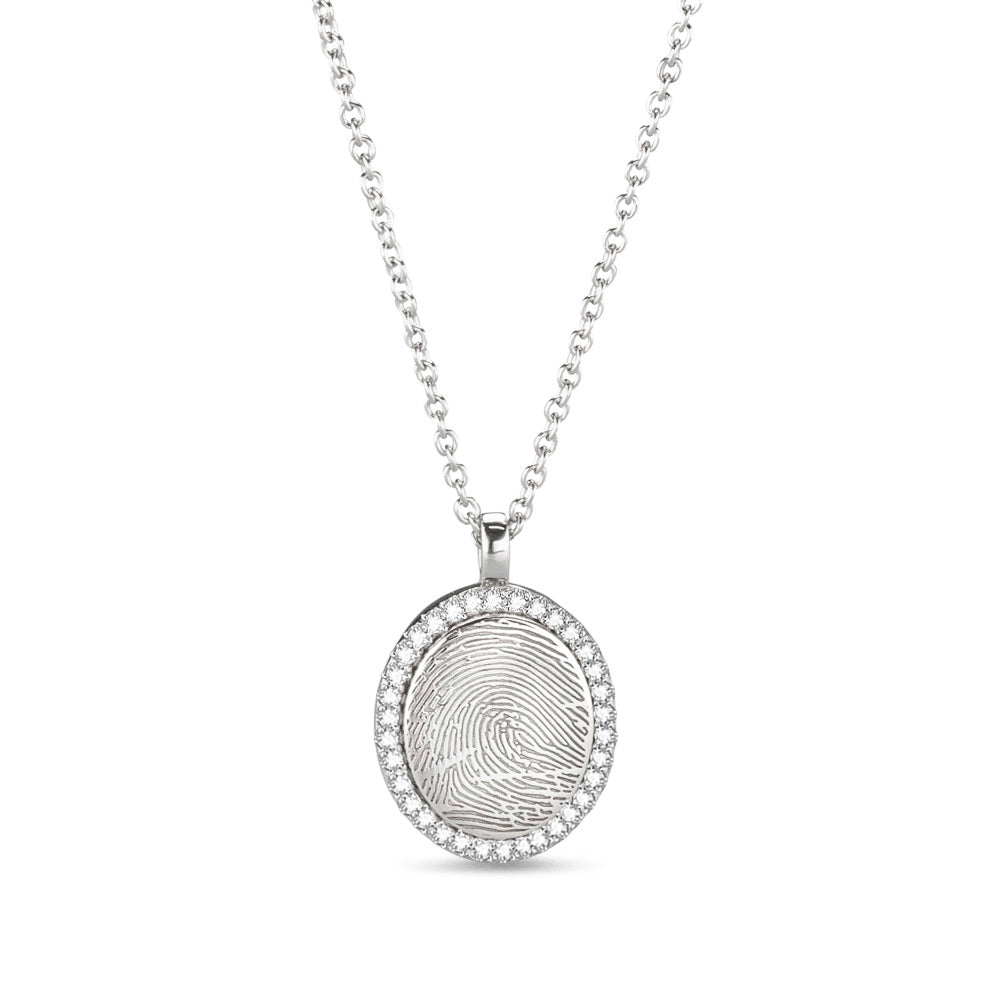 Hanger witgoud voorzien van een gravure uit collectie gedenksieraden. witgoud