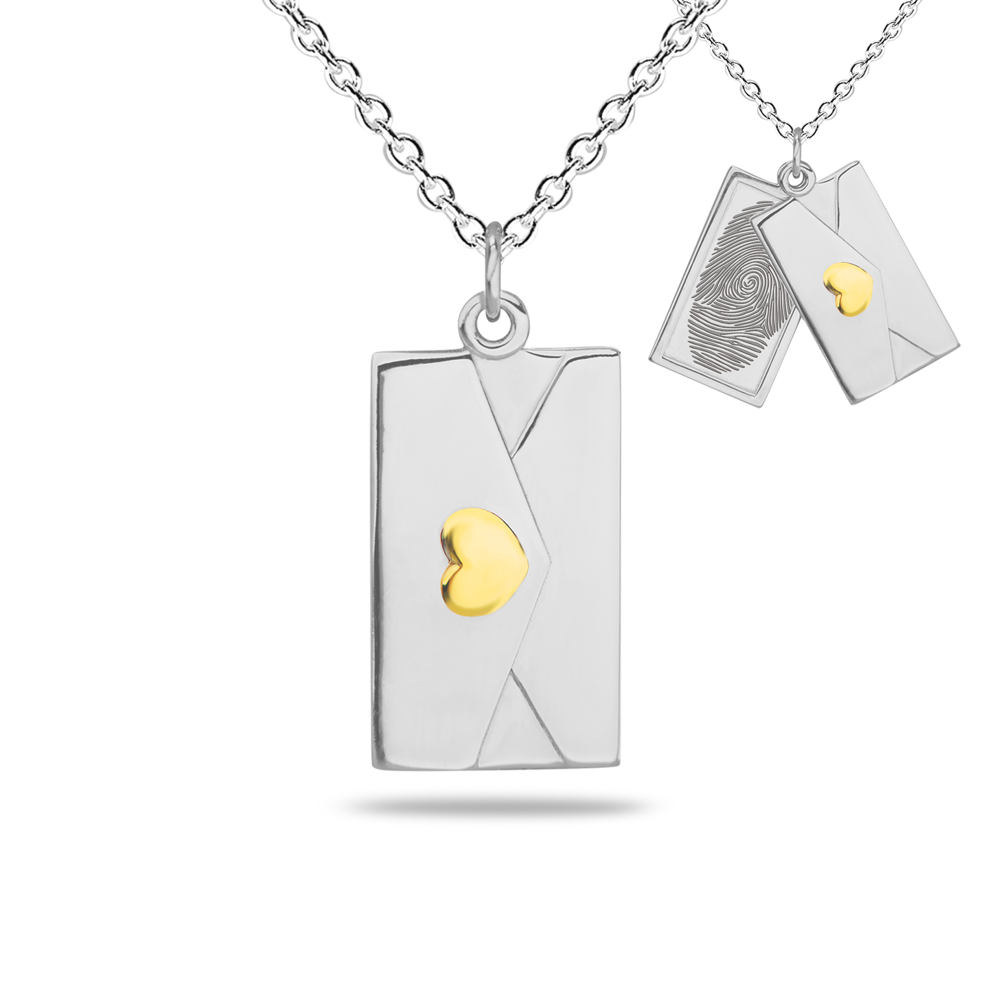 Envelop hanger inclusief collier uit de collectie gedenksieraden met gravure. Geelgoud