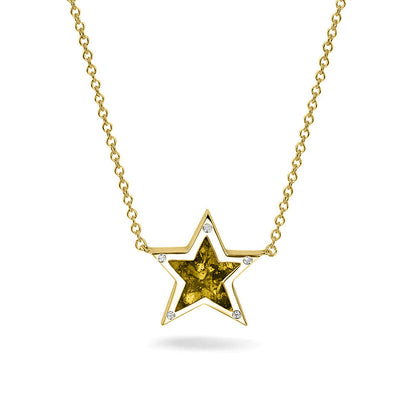 Ashanger ster, gedenksieraad, waar as en haar in verwerkt wordt. Yellow