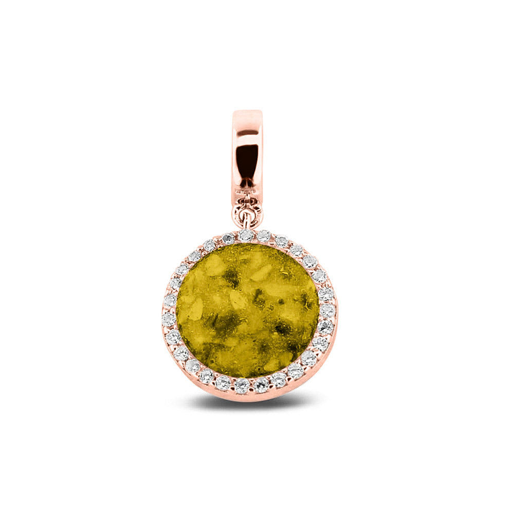 Asbedel, subtiel design rondom afgewerkt met zirkonia's  die aan de voorzijde zichtbaar gevuld wordt met as of haar met een keuze in 20 kleuren. Yellow