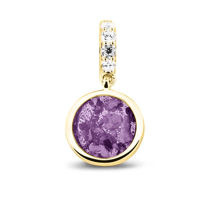 Asbedel rond subtiel design , het hangoog aan de buitenrand afgewerkt met zirkonia's, die aan de voorzijde zichtbaar gevuld wordt met as of haar met een keuze in 20 kleuren. Purple