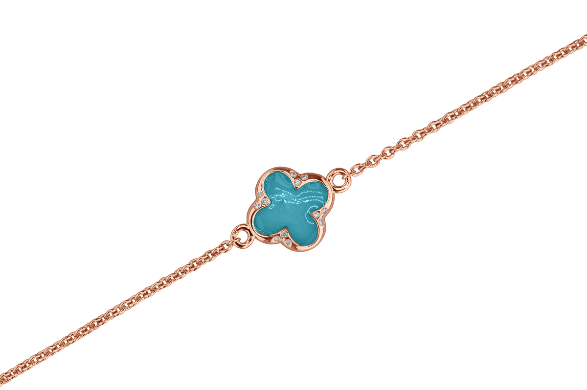 Klavertje vier as armband 11.5 mm, gedenksieraad met zirkonia's afgewerkt .turquoise
