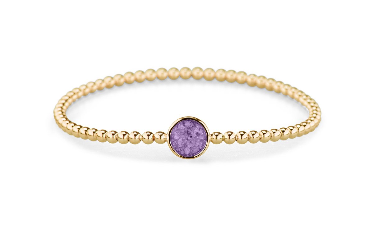 Flexibele as armband met rondje als compartiment voor as of haar, gedenksieraden. Purple