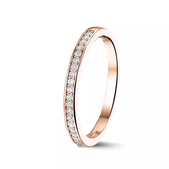 Roségouden aanschuifring met de bovenste helft gezet met zirkonia's. Trendy ring
