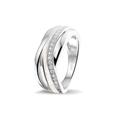 Gedenksieraad, creatieve ring 8 mm waar aan de bovenzijde zichtbaar as of haar verwerkt wordt in een deel van de ringband, een andere band is gezet met zirkonia's of diamanten naar keuze. White