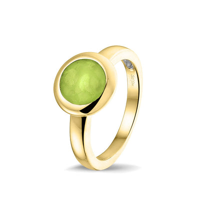 Gedenksieraad, gladde ring 3 mm waar aan de bovenzijde zichtbaar as of haar (of eventueel melktandjes of moedermelk) verwerkt wordt. Green