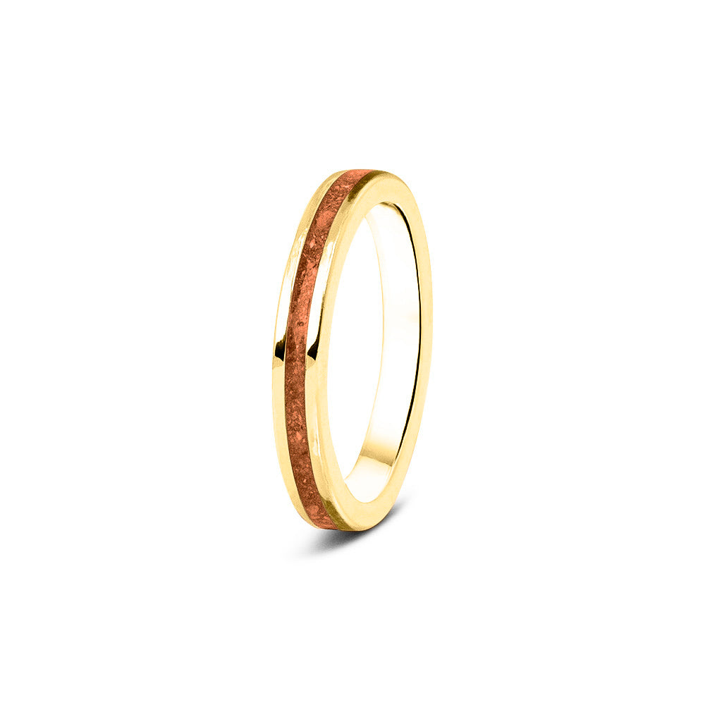 Gedenksieraad, ring 3 mm rondom zichtbaar gevuld met as of haar. Het vullen en sealen met onze speciale hars wordt in onze ambachtelijke edelsmederij gedaan. Orange