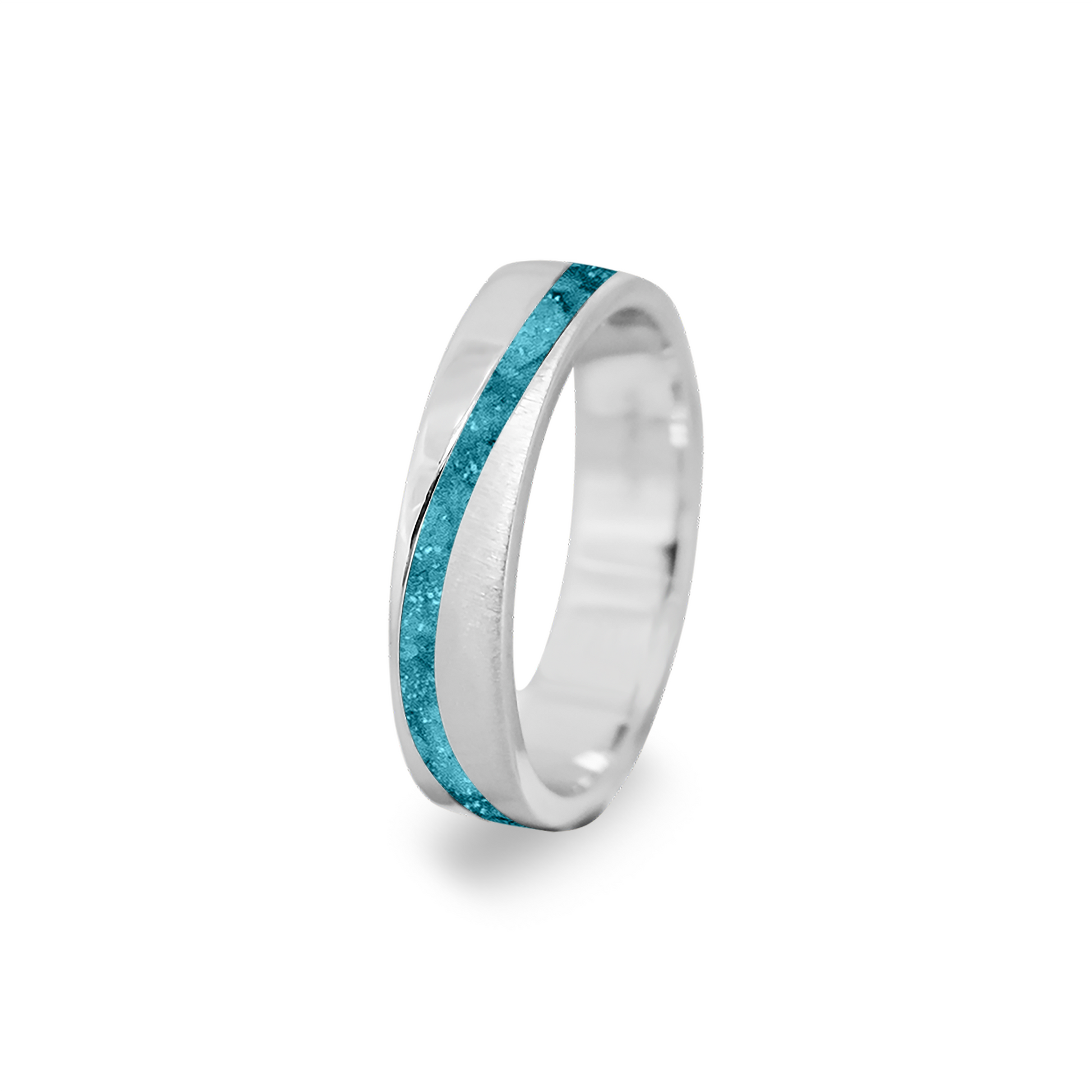 Gedenksieraad, ring  rondom zichtbaar gevuld met as of haar. Het vullen en sealen met onze speciale hars wordt in onze ambachtelijke edelsmederij gedaan. Turquoise