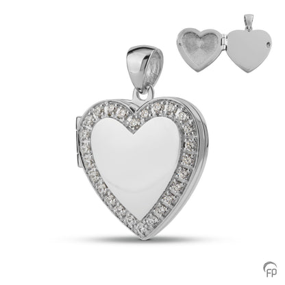 Hart medaillon, in zilver afgewerkt met zirkonia's, in goud met diamanten.  De ashangers zijn zelf te vullen en te bestellen in zilver 925 sterling, geelgoud en witgoud.