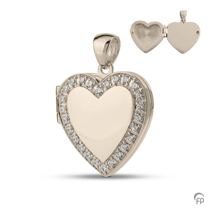 Hart medaillon, in zilver afgewerkt met zirkonia's, in goud met diamanten.  De ashangers zijn zelf te vullen en te bestellen in zilver 925 sterling, geelgoud en witgoud.