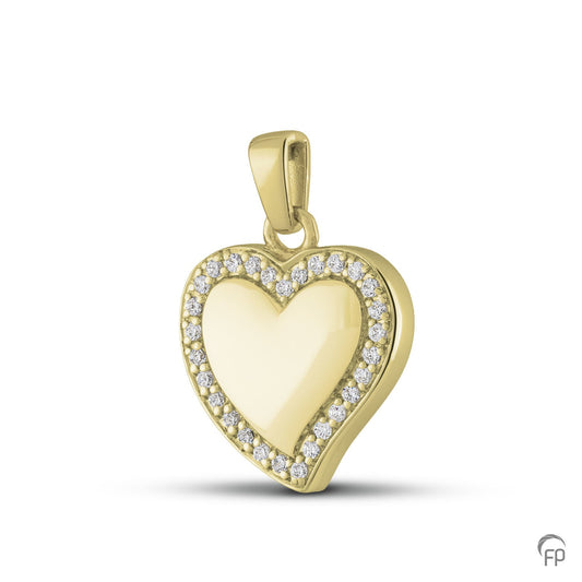 Hanger in hart vorm, in zilver uitgevoerd met zirkonia's, in goud met diamanten.  De ashangers uit deze collectie gedenksieraden zijn zelf te vullen.