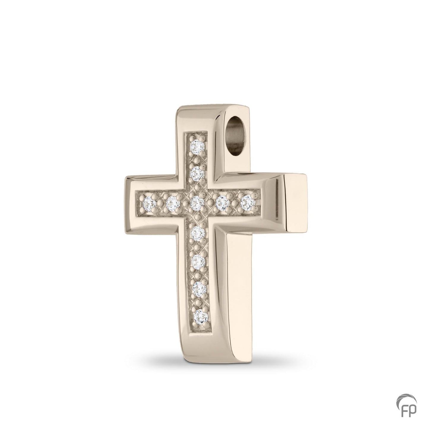 Kruis hanger, in zilver uitgevoerd met zirkonia's, in goud met diamanten.  De ashangers uit deze collectie gedenksieraden zijn eenvoudig zelf te vullen.