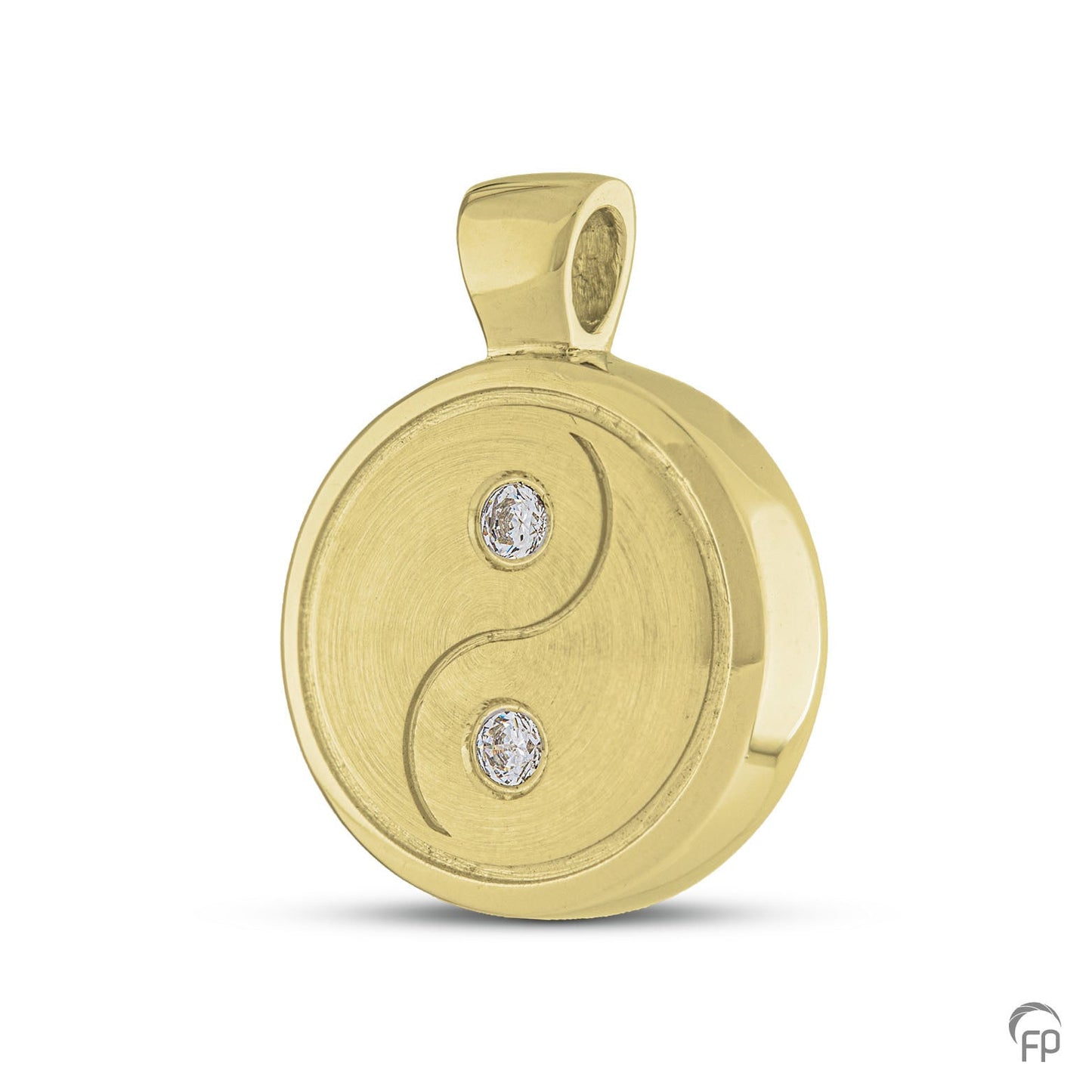 Yin yang hanger, dit sieraad beschikt over 2 askamers. In zilver uitgevoerd met zirkonia's, in goud met diamanten.